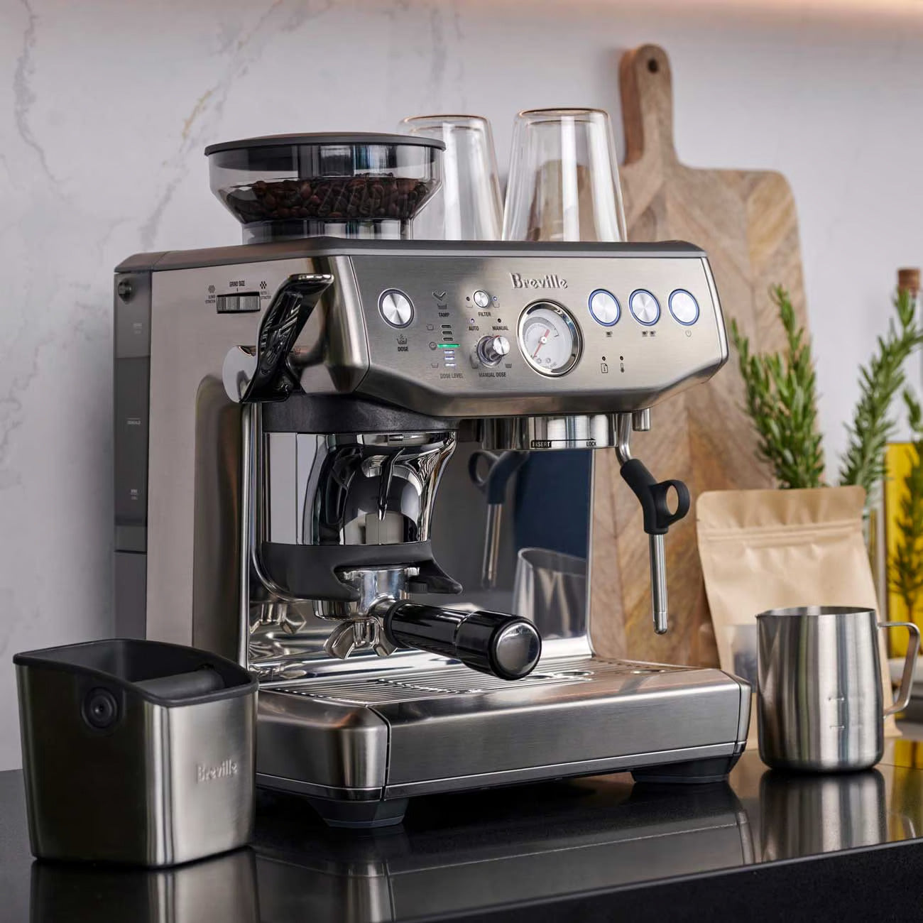 Breville Barista Express Impress Manual Espresso Machine with free coffee and accessories