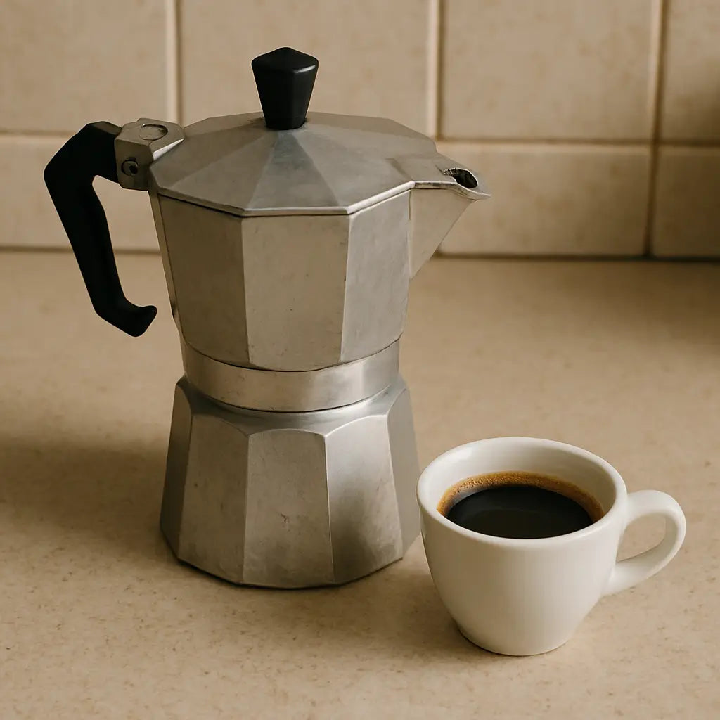 A classic octagonal Moka pot with a cup of dark, concentrated coffee