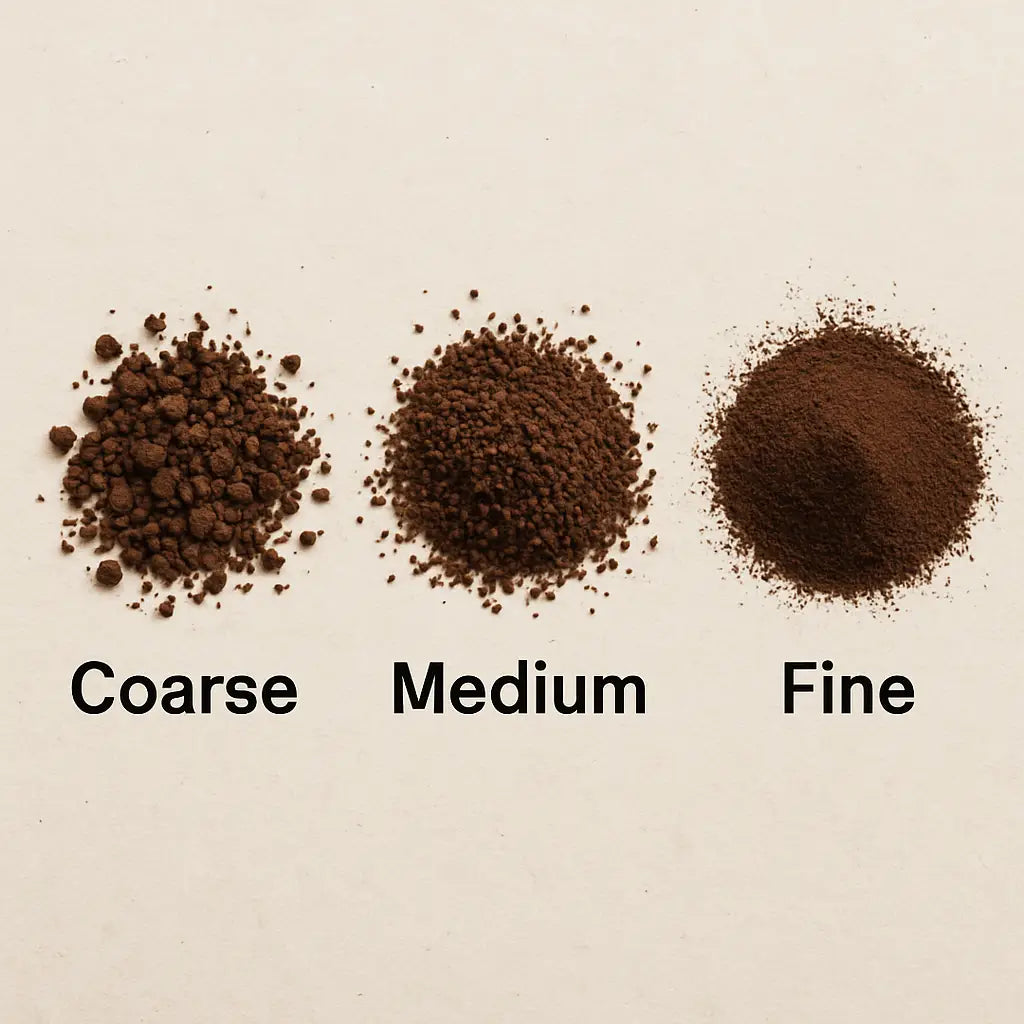 Side-by-side comparison of coarse, medium, and fine coffee grounds