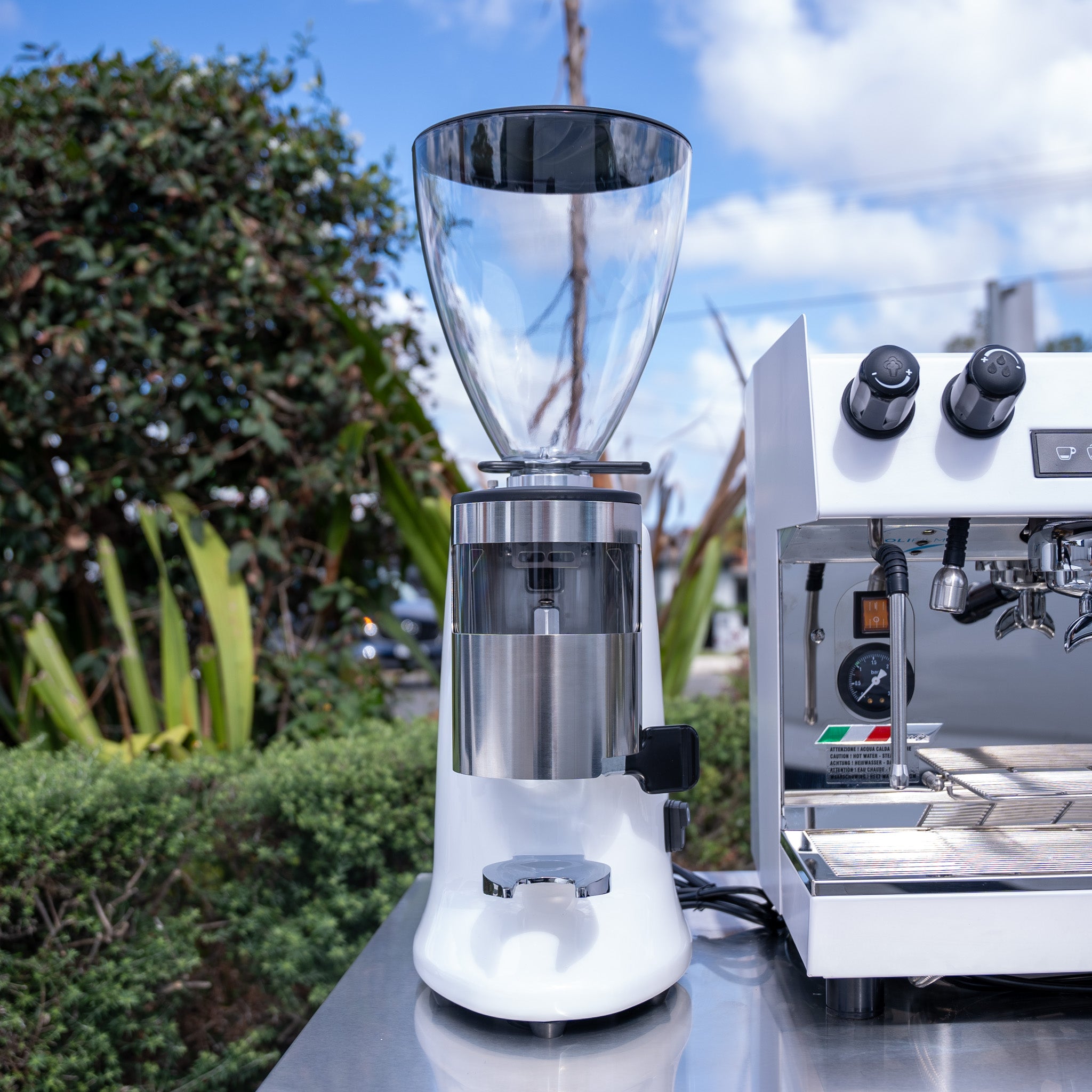 White Carimali & X011 Grinder + Precision Accessories & Stainless Steel Coffee Cart Package