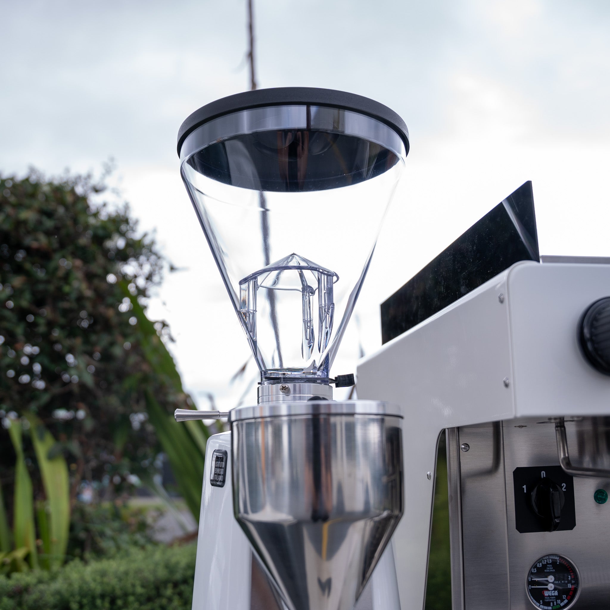 Wega Pegaso & Mazzer Super Jolly E Grinder + Precision Accessories & Stainless Steel Coffee Cart Package