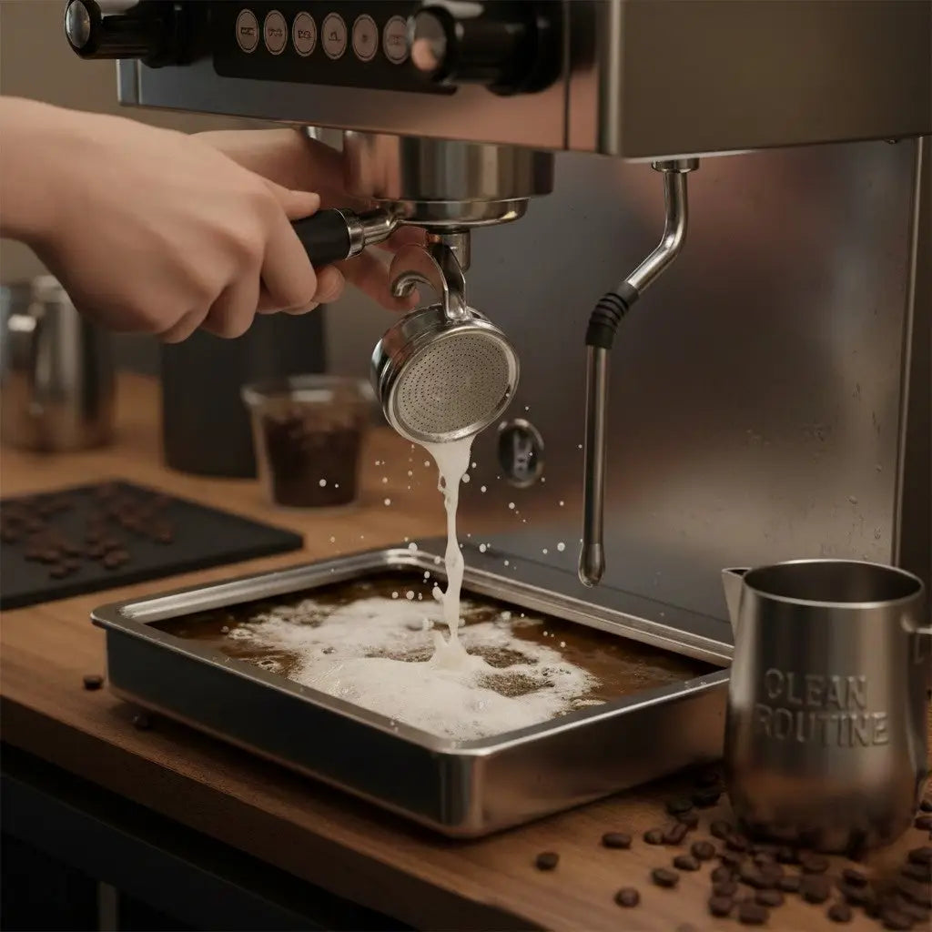 Backflushing an espresso machine — cleaning the group head at Di Pacci