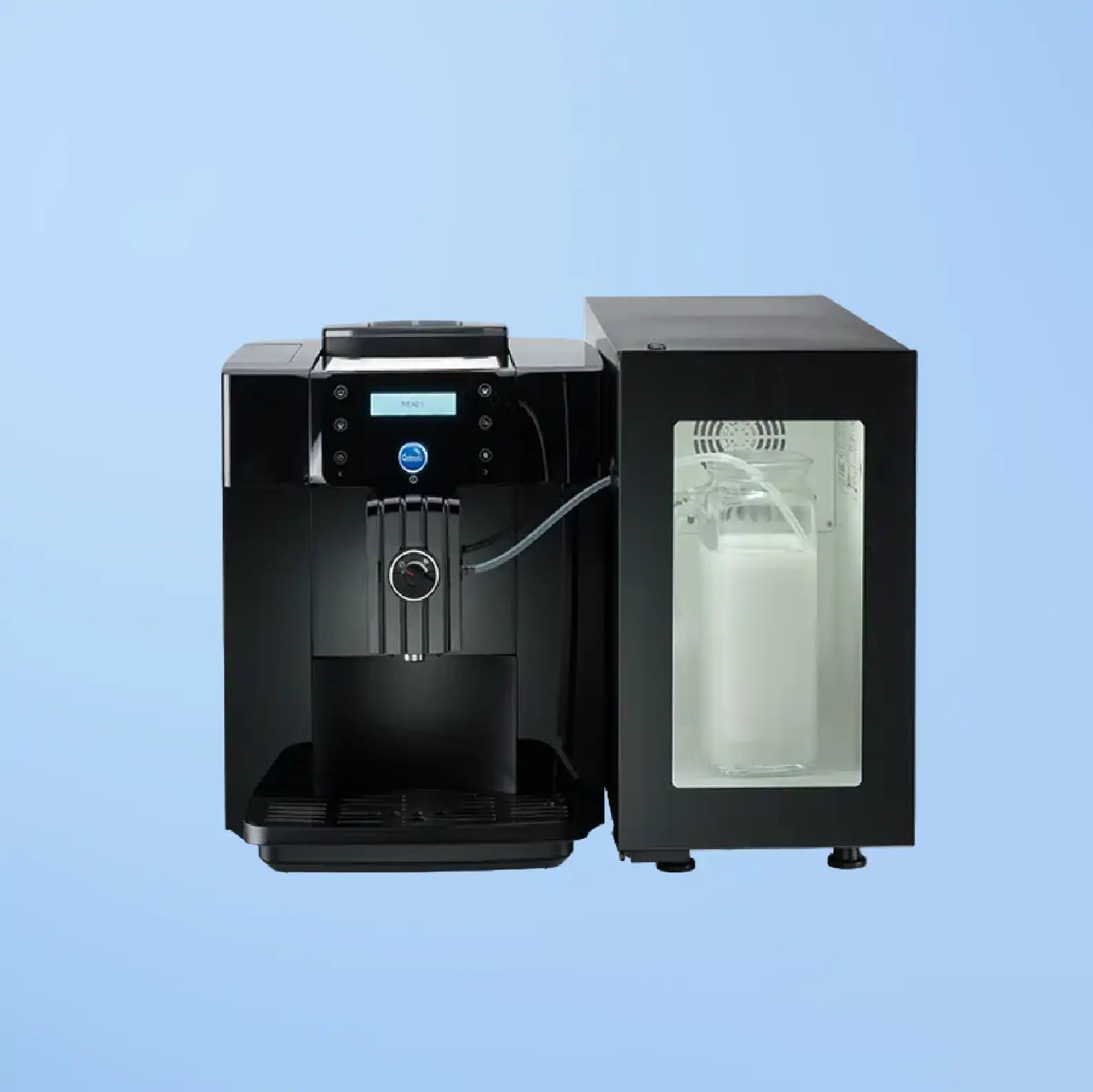 Black coffee machine with an attached milk refrigeration unit.