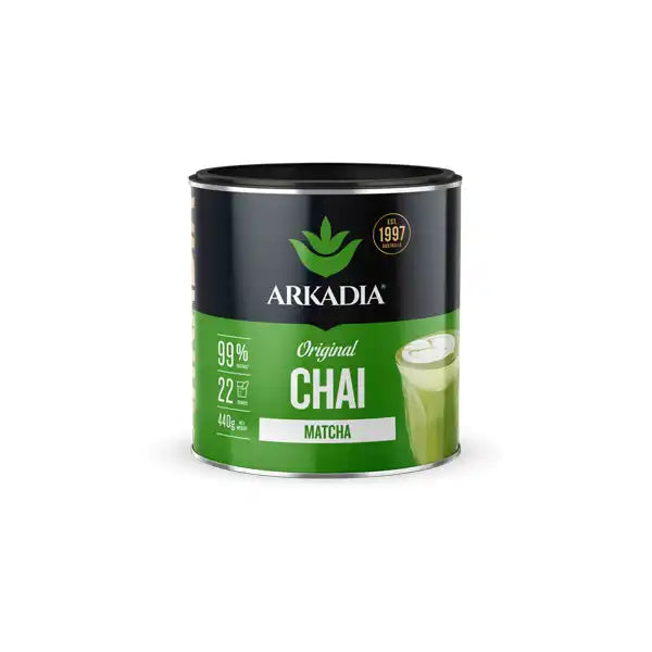 Black and green cylindrical tin container of Arkadia Original Chai Matcha powder.