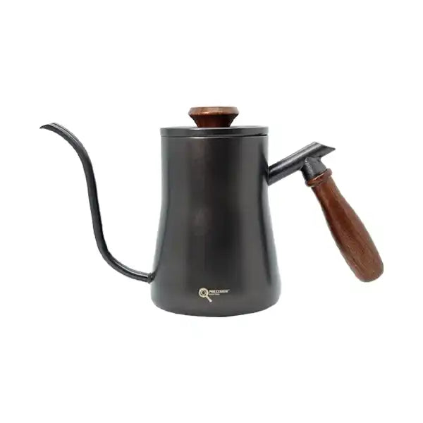 Black pour-over coffee kettle with wooden handle and lid.