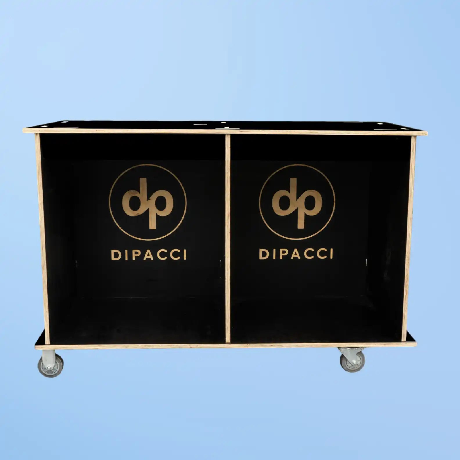 Black rolling storage cabinet with ’Dipacci’ branding on its doors.