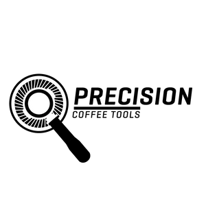 Black and white logo featuring a magnifying glass with a coffee filter design inside the lens alongside text reading ’PRECISION COFFEE TOOLS’