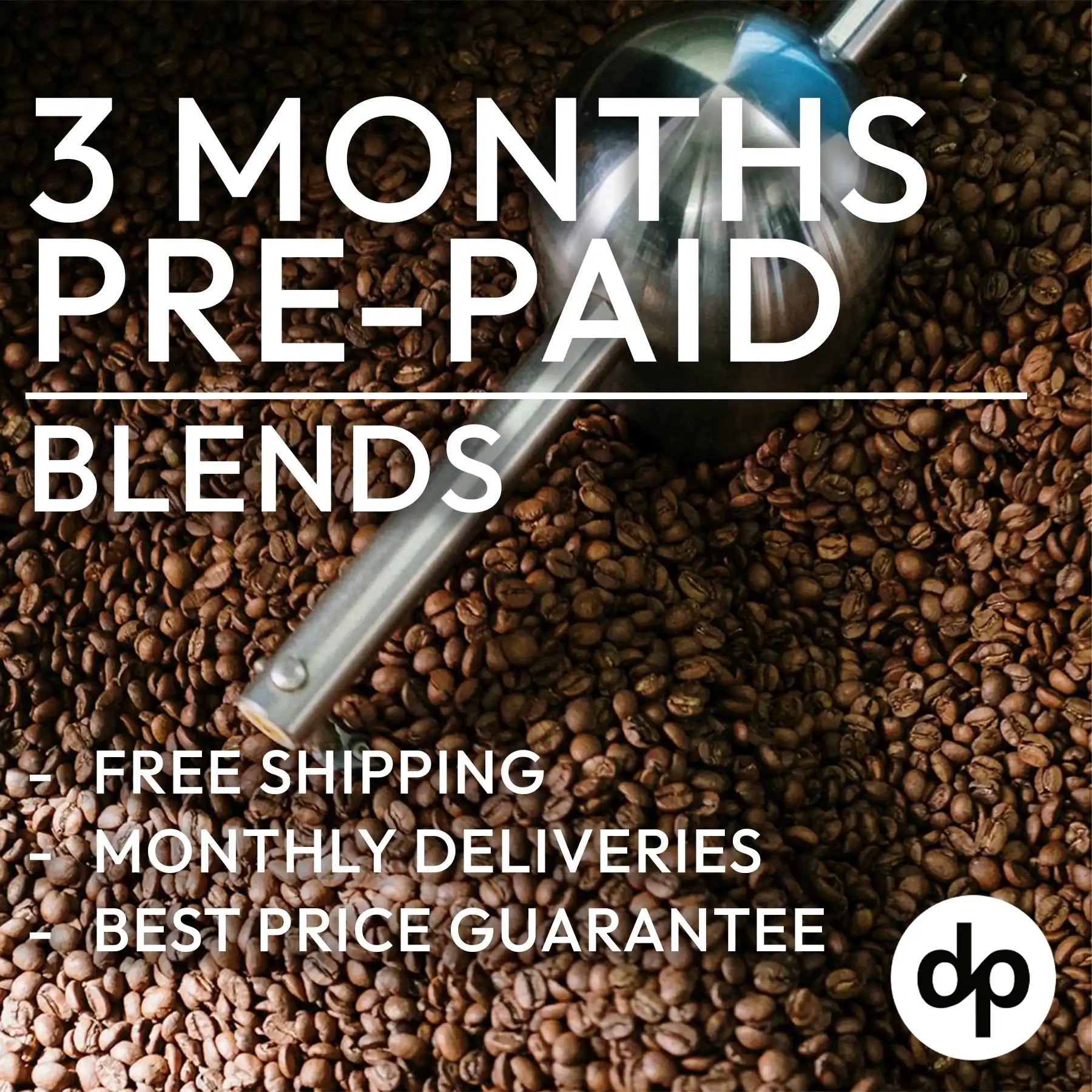 Coffee subscription advertisement offering 3 months of pre-paid coffee blends with free shipping.