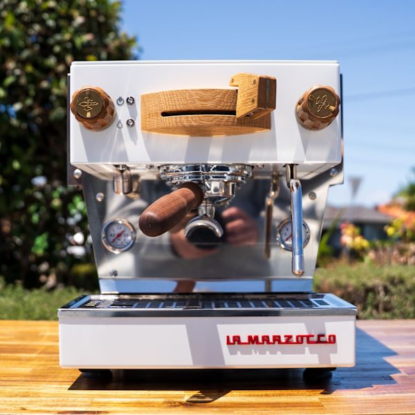 Pre Loved Custom La Marzocco Linea Mini In White & Timber Kit