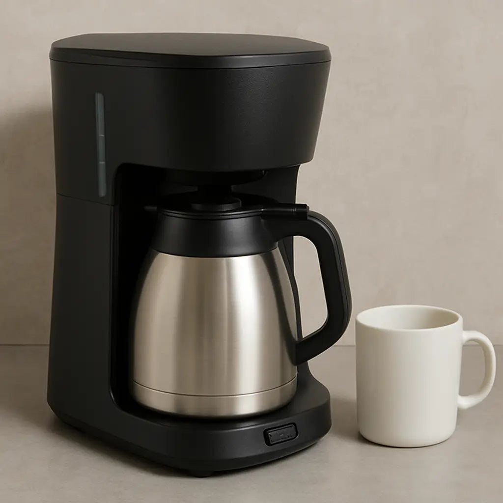 A modern automatic drip coffee maker with a stainless steel thermal carafe