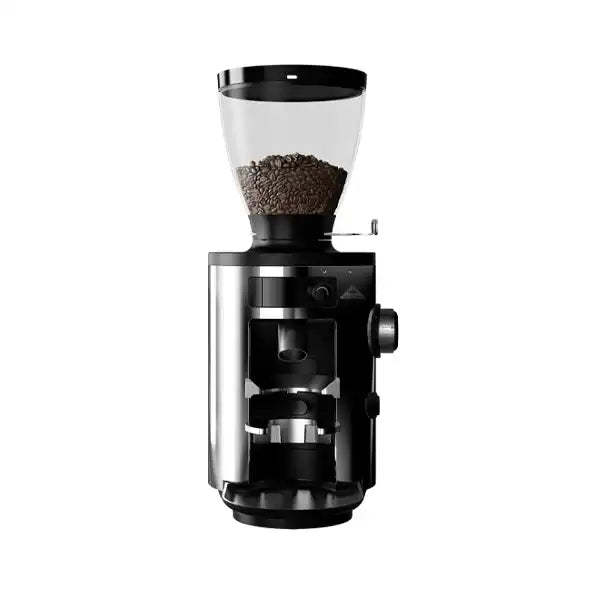 Electric burr coffee grinder with a clear bean hopper on top.