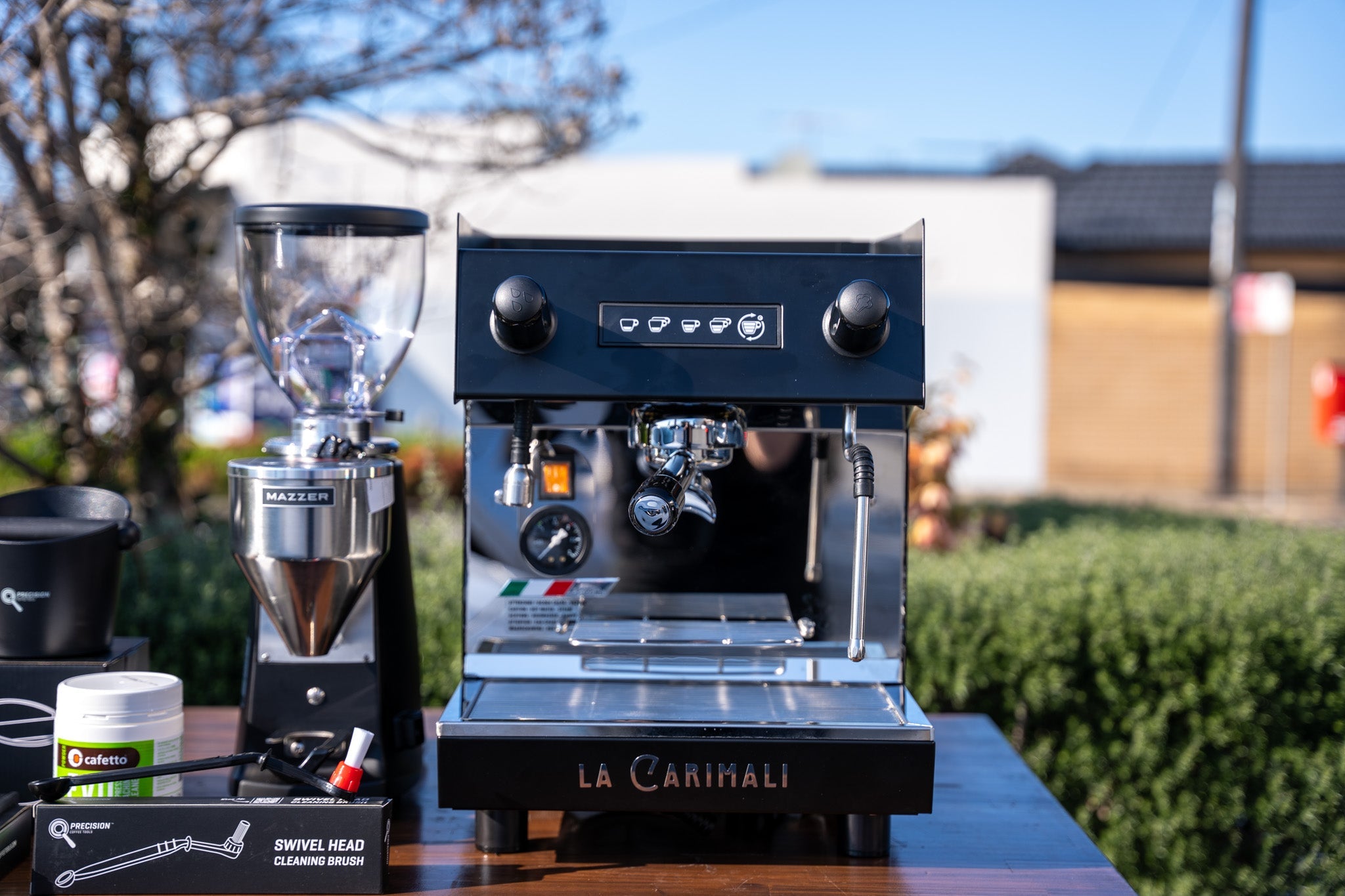 La Carimali Nimble 1 Group Black Coffee Machine, Mazzer Mini Electronic A Grinder & Accessories Package - Australia - Di Pacci