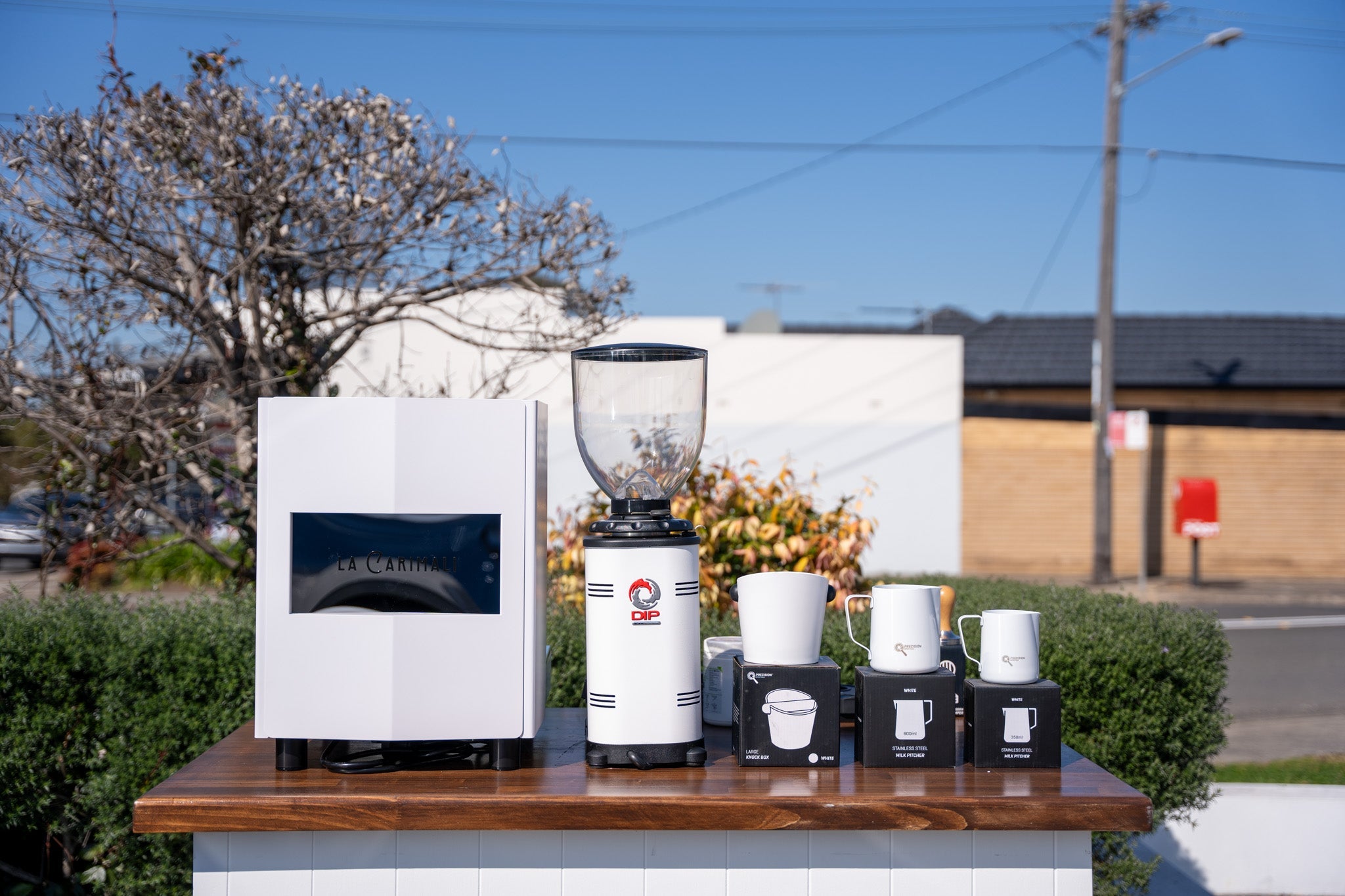 La Carimali Nimble 1 Group White Coffee Machine, Dip DKS - 65 Grinder & Accessories Package - Australia - Di Pacci