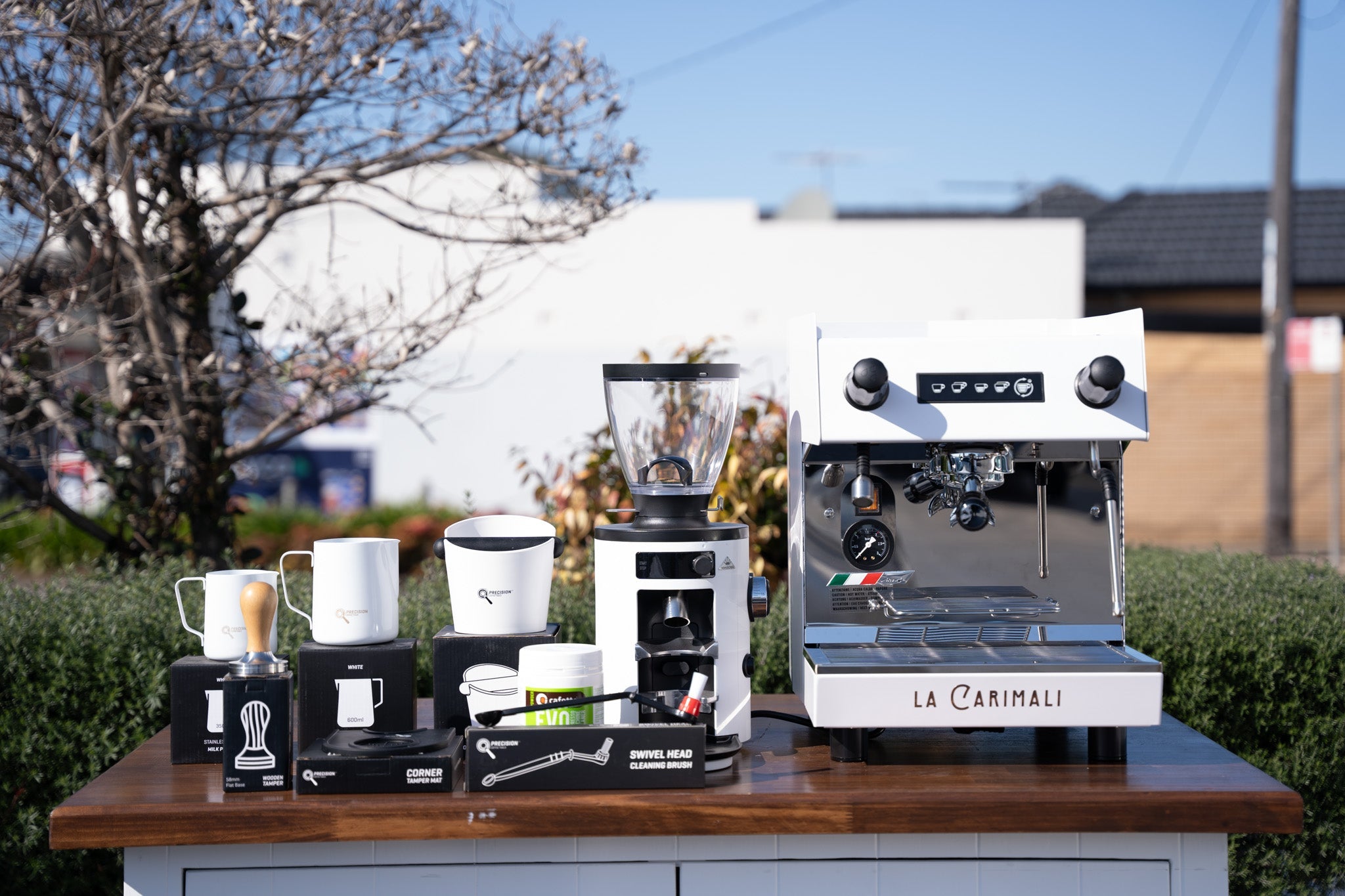 La Carimali Nimble 1 Group White Coffee Machine, Mahlkonig X54 Grinder & Accessories Package - Australia - Di Pacci
