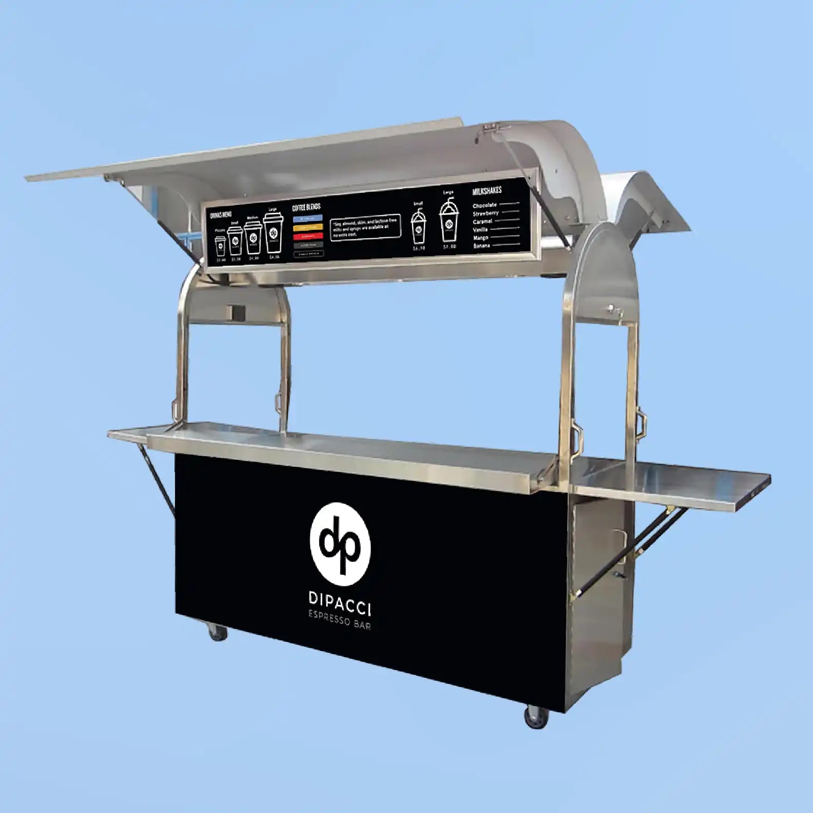 Mobile beverage cart with a black base, stainless steel countertop, and overhead canopy display.