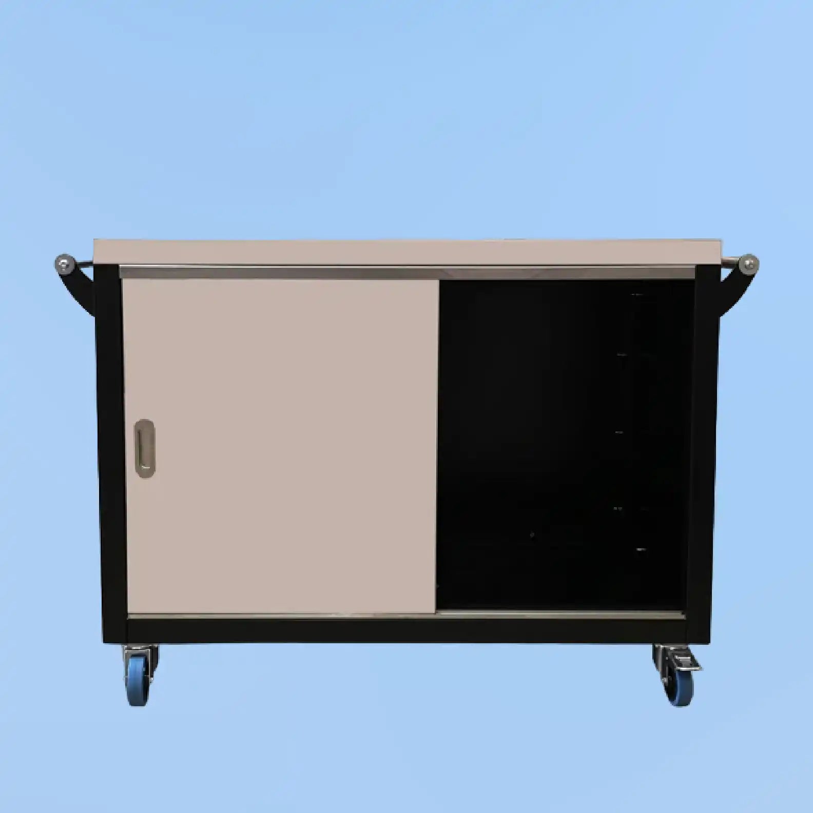 Mobile storage cabinet with sliding doors on wheels.