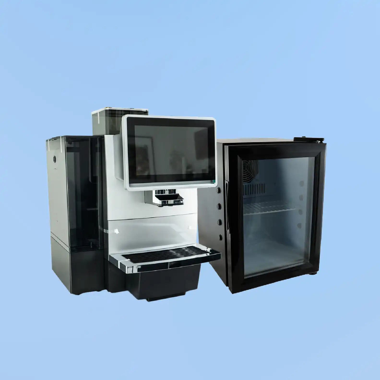 Modern self-service beverage dispenser with attached refrigeration unit.