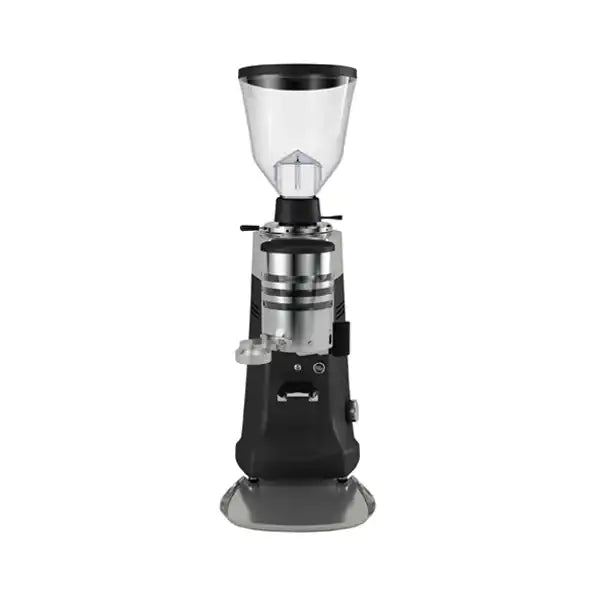 Professional coffee grinder with a clear bean hopper and metallic base.