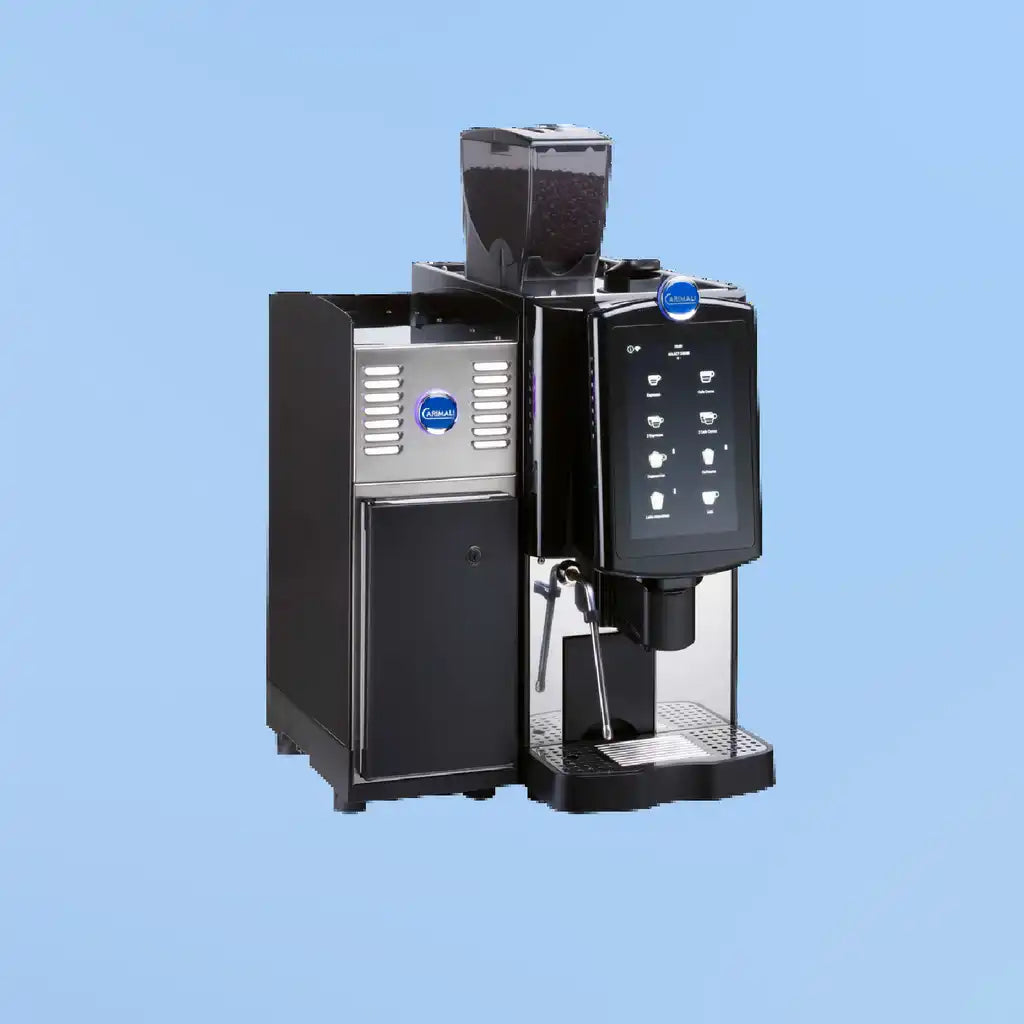 Professional coffee machine with a digital touchscreen interface and bean hopper.