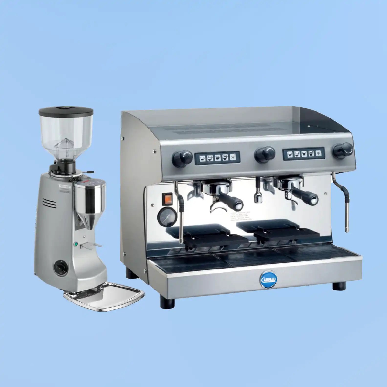 Professional dual-head espresso machine with an accompanying coffee grinder.