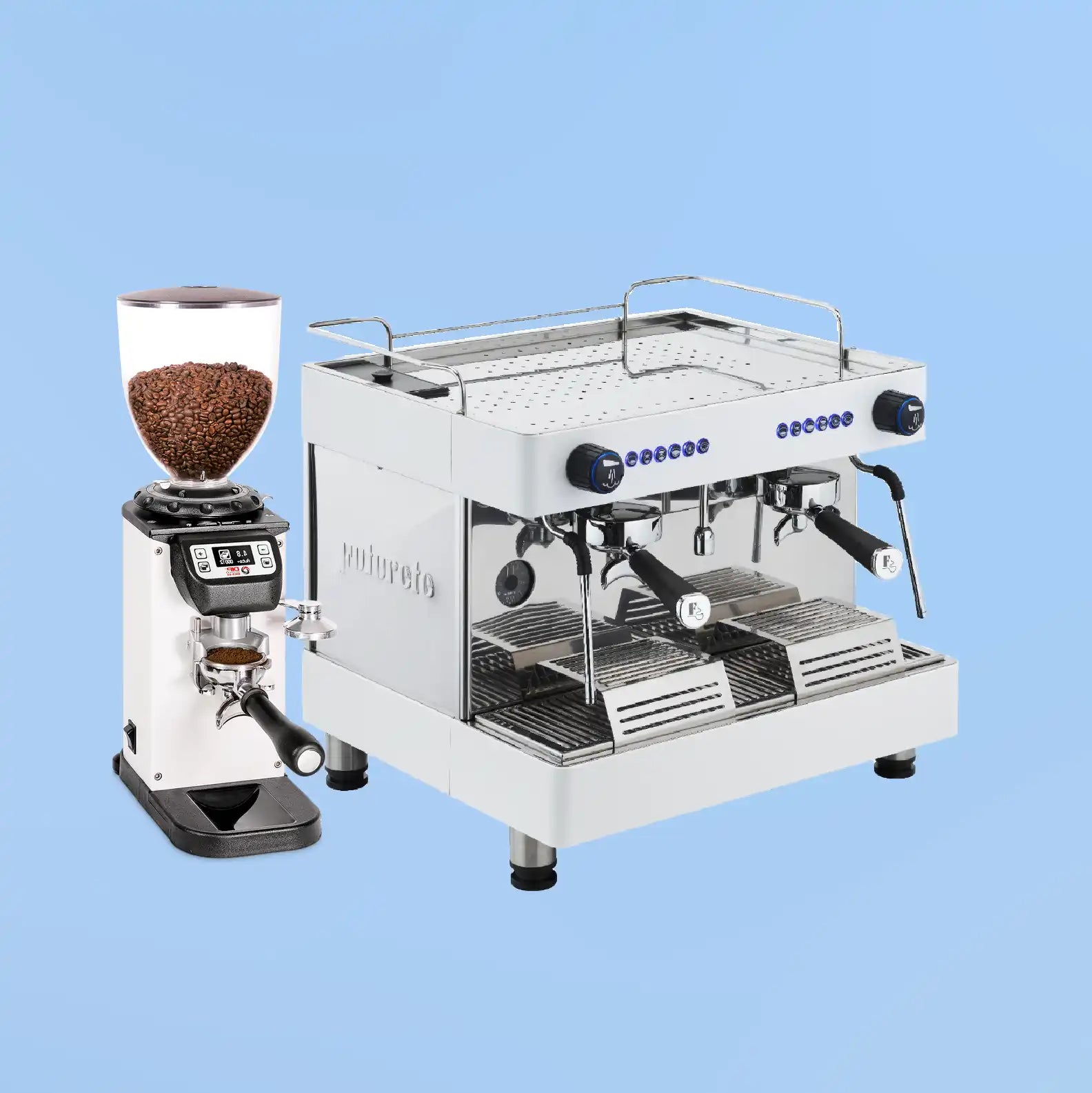 Professional espresso machine with an attached coffee grinder.