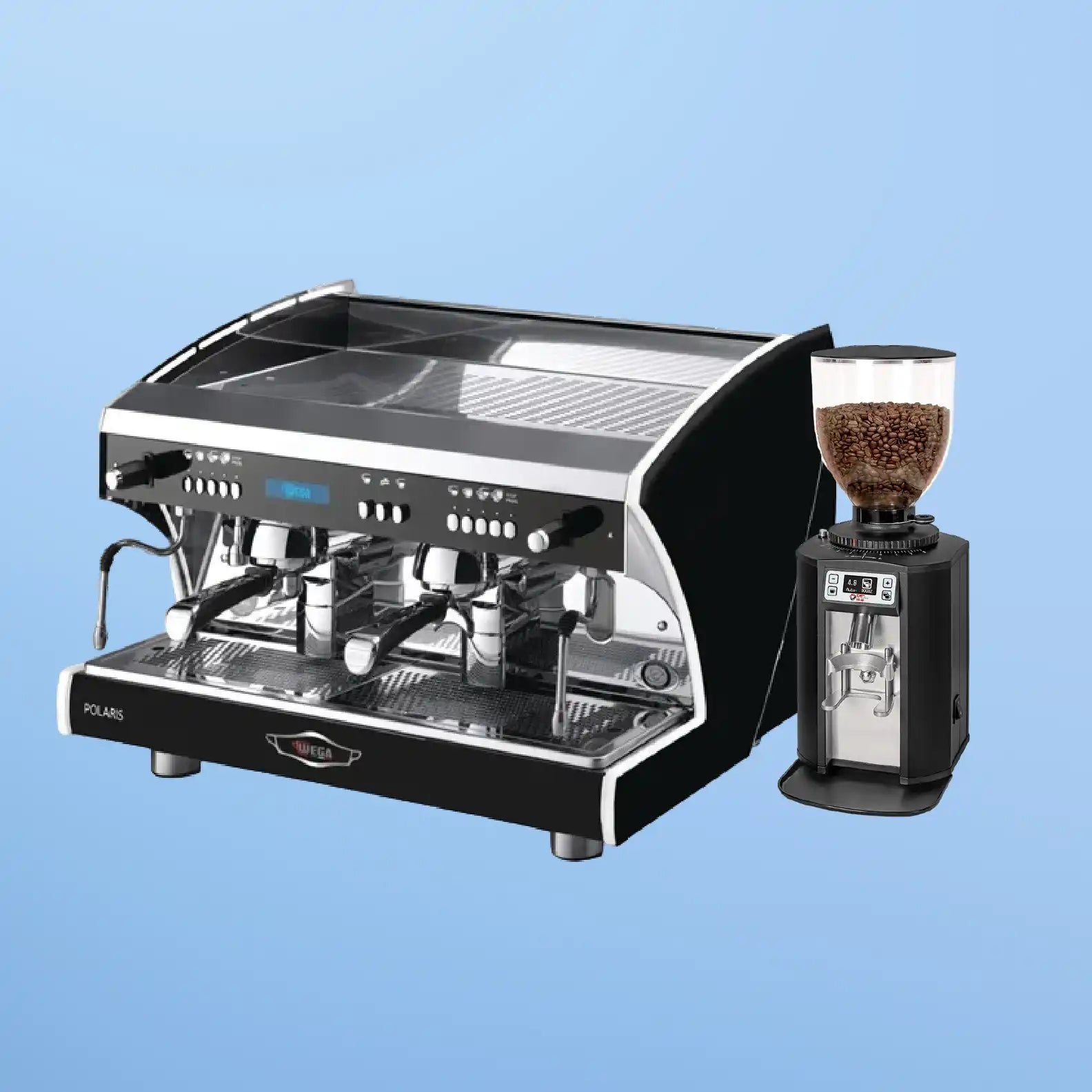 Professional espresso machine with an attached coffee grinder.