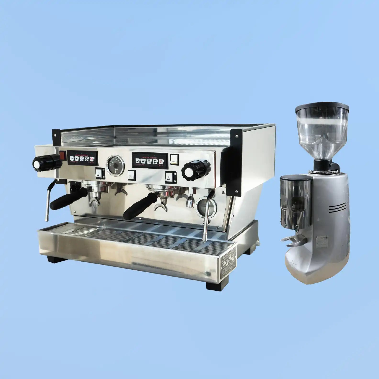 Professional espresso machine with a matching coffee grinder.