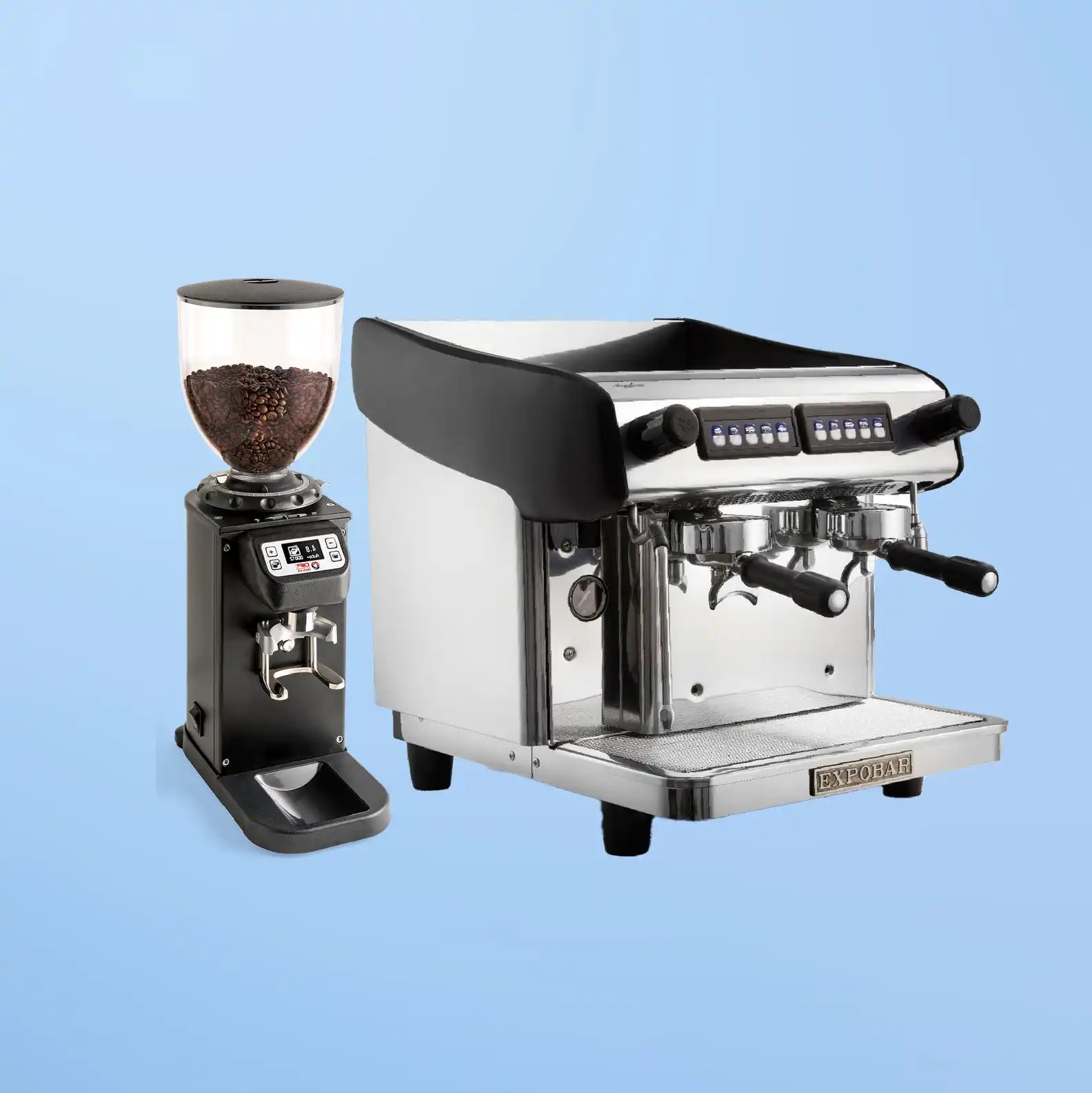 Professional espresso machine with an accompanying coffee grinder.