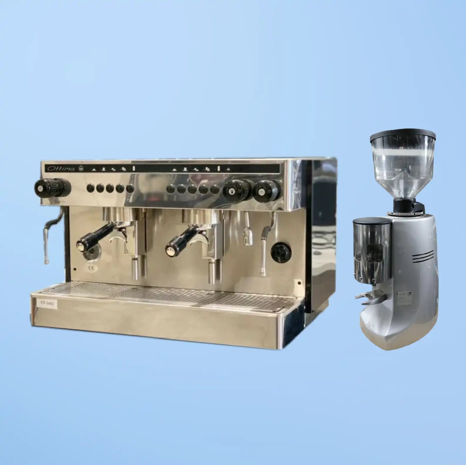 Professional espresso machine with dual brewing heads and an accompanying coffee grinder.