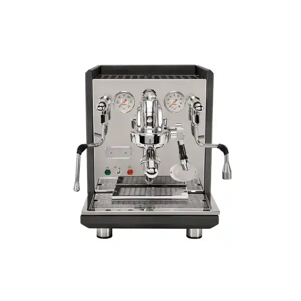 Professional stainless steel espresso machine with dual pressure gauges and control levers.