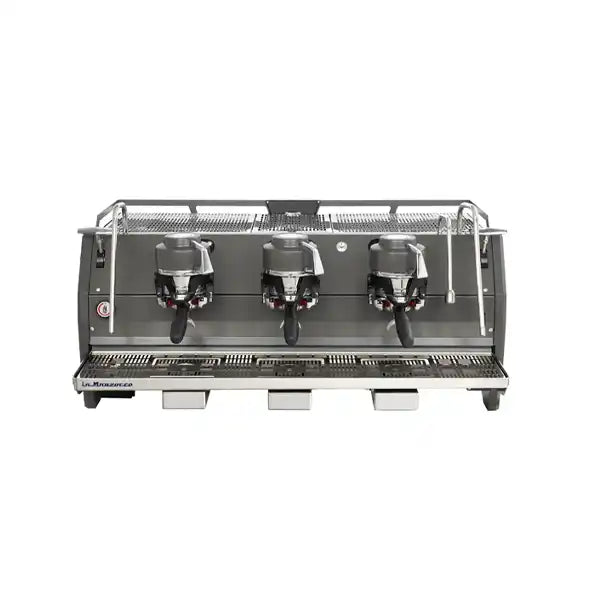 Professional three-group espresso machine with a stainless steel finish.