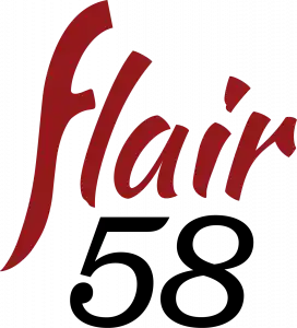 Red and black stylized text logo reading ’flair 58’’