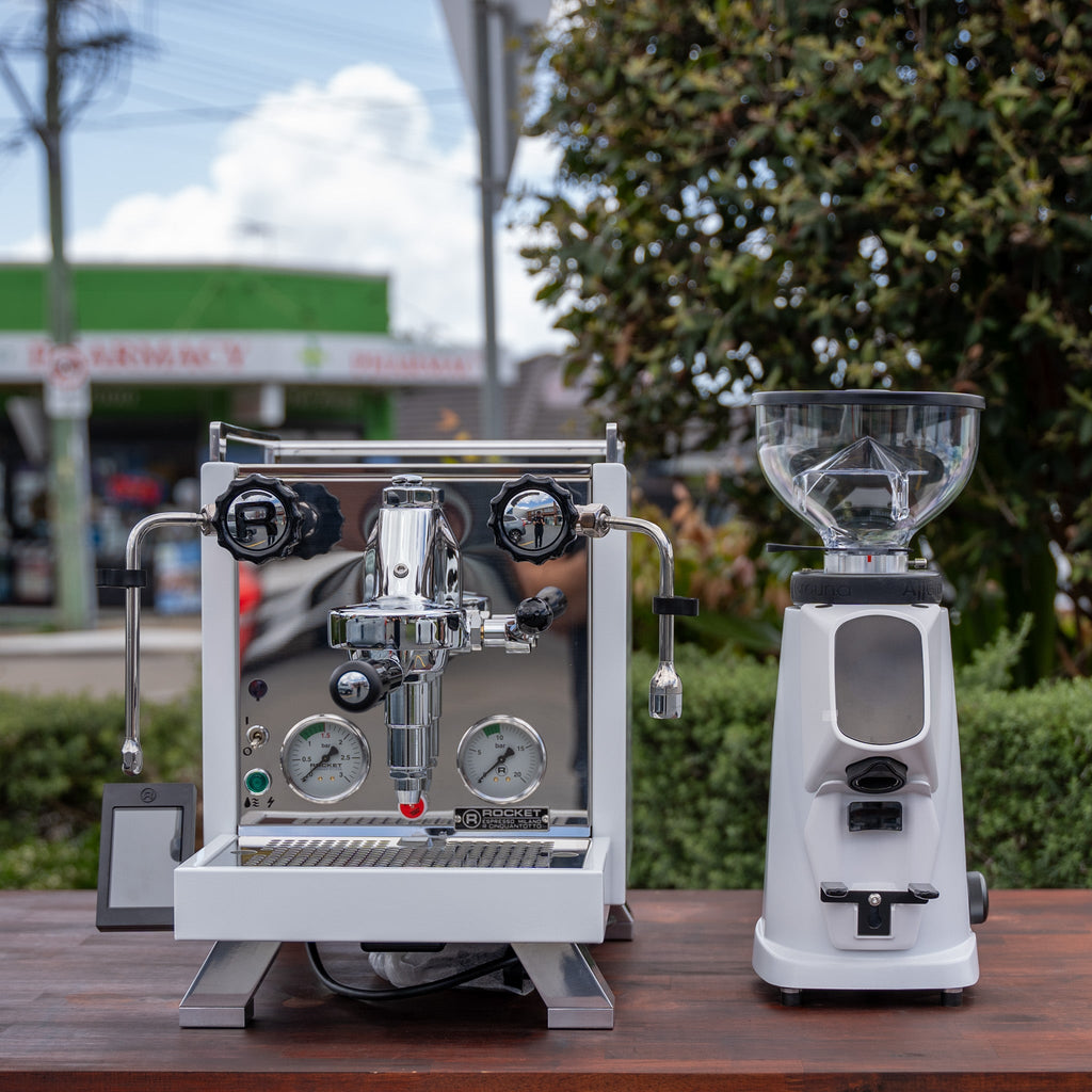 Rocket R Cinquantotto (R58) Coffee Machine + Fiorenzato All Ground Grinder Package In White - Australia - Di Pacci