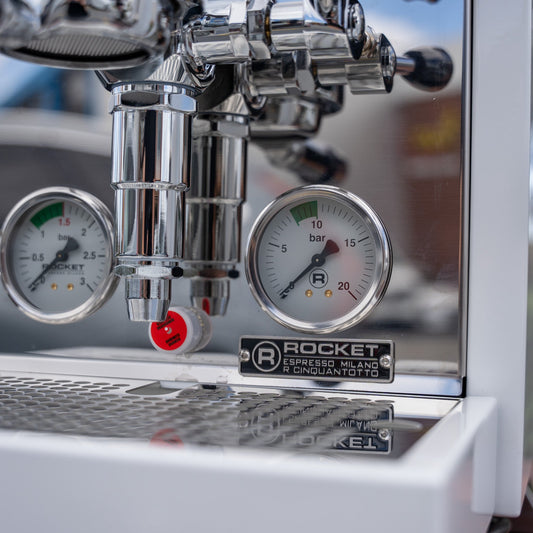 Rocket R Cinquantotto (R58) Coffee Machine + Fiorenzato All Ground Grinder Package In White - Australia - Di Pacci