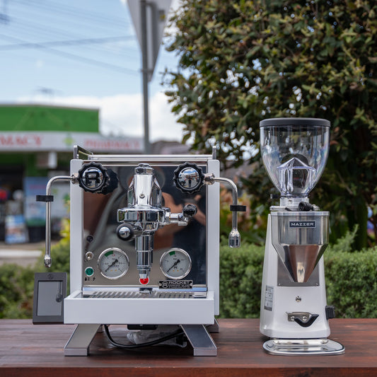 Rocket R Cinquantotto (R58) Coffee Machine +Mazzer Mini Mod A Grinder Package In White - Australia - Di Pacci