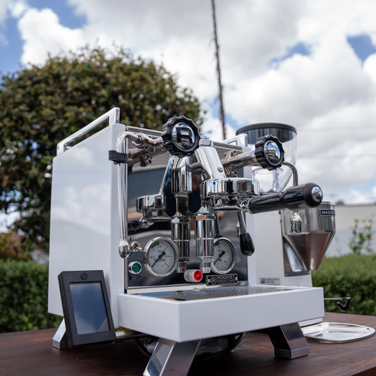 Rocket R Cinquantotto (R58) Coffee Machine +Mazzer Mini Mod A Grinder Package In White - Australia - Di Pacci