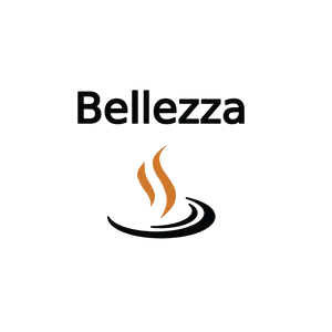 Simple logo design featuring the word ’Bellezza’ above stylized brown and black steam swirls.