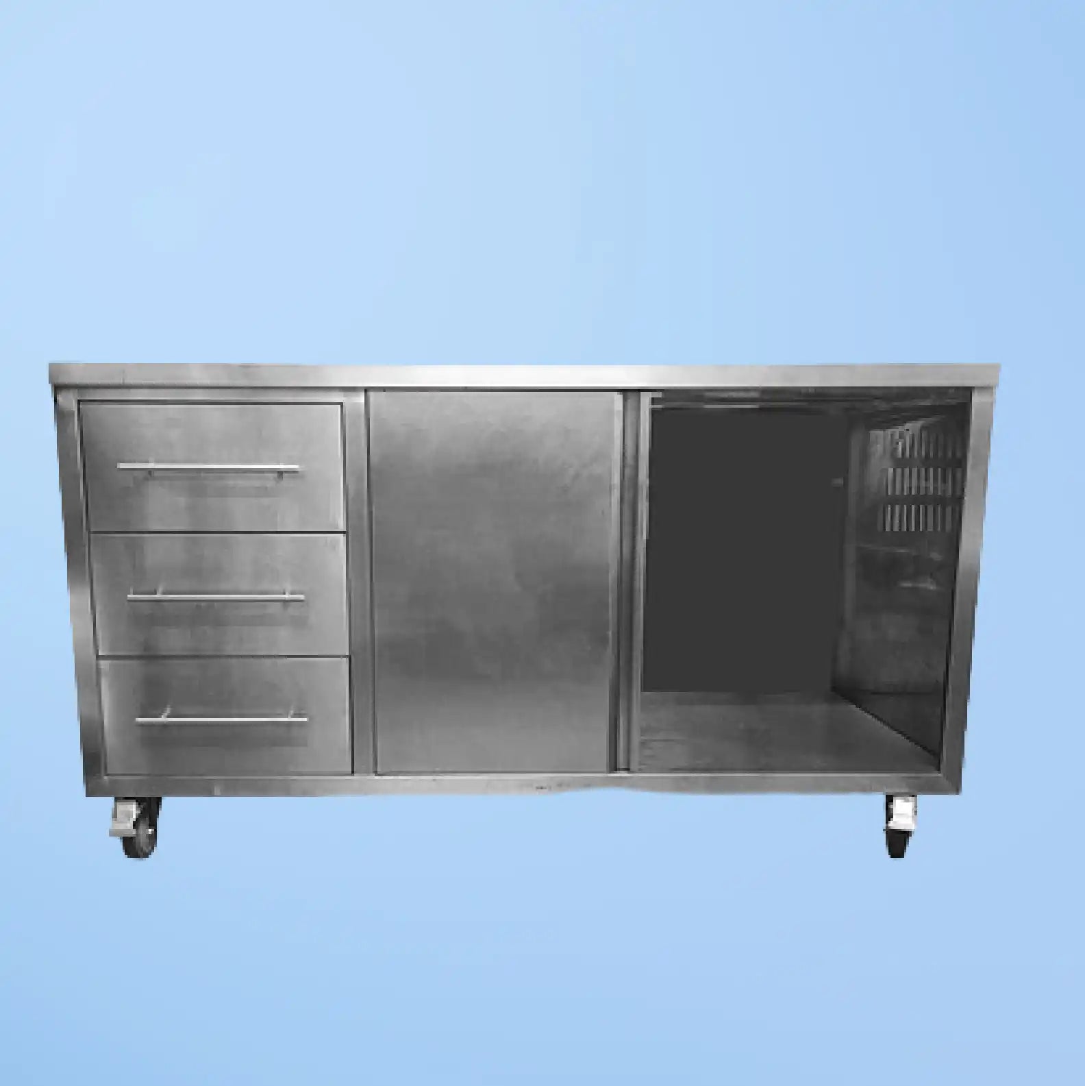 Stainless steel cabinet with drawers and sliding doors mounted on wheels.