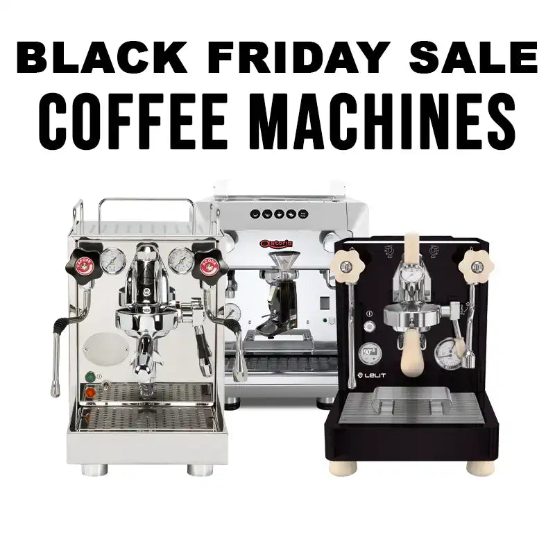 Three professional espresso machines displayed side-by-side under a ’Black Friday Sale’ text header.