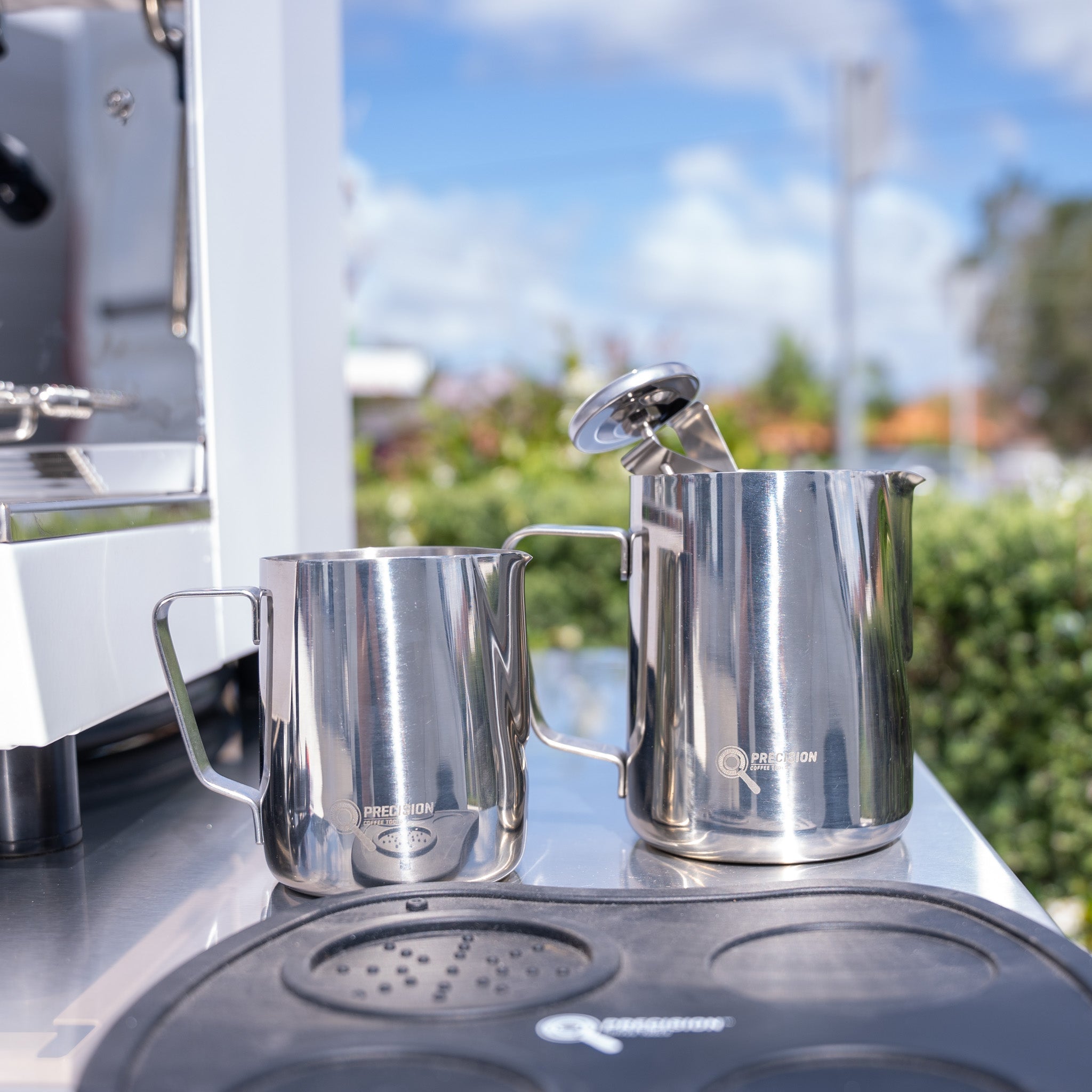 White Carimali & X011 Grinder + Precision Accessories & Stainless Steel Coffee Cart Package - Australia - Di Pacci