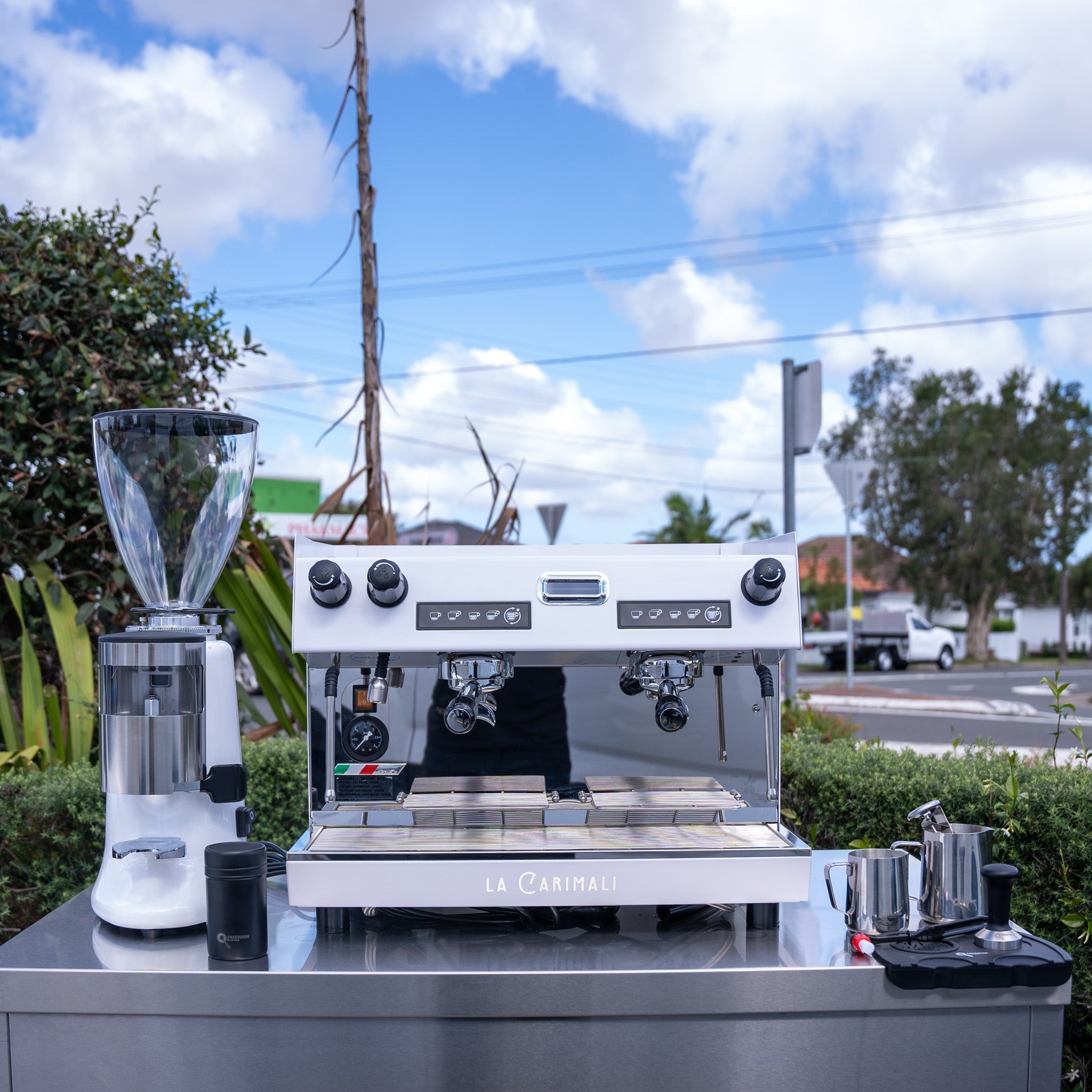 White Carimali & X011 Grinder + Precision Accessories & Stainless Steel Coffee Cart Package - Australia - Di Pacci