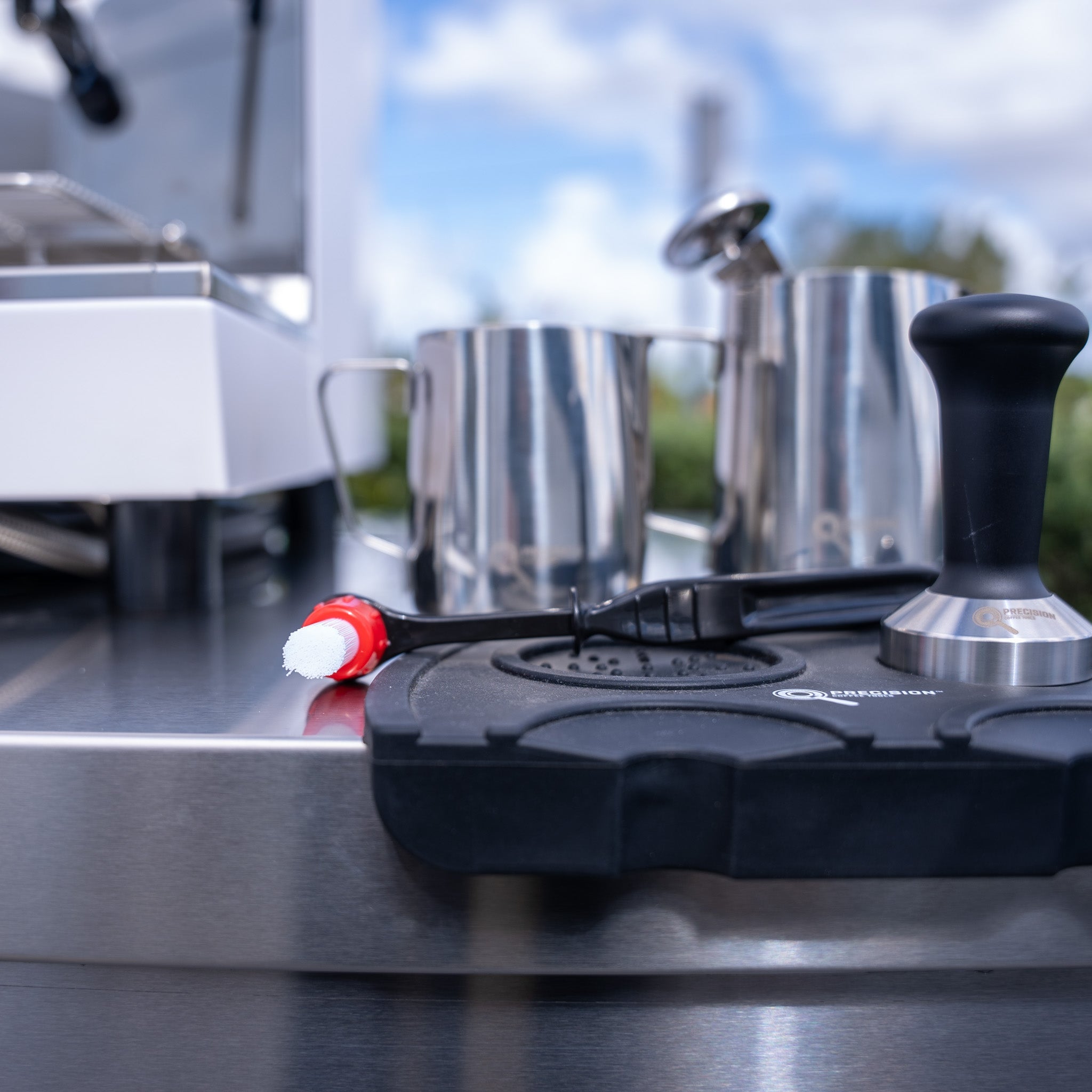 White Carimali & X011 Grinder + Precision Accessories & Stainless Steel Coffee Cart Package - Australia - Di Pacci