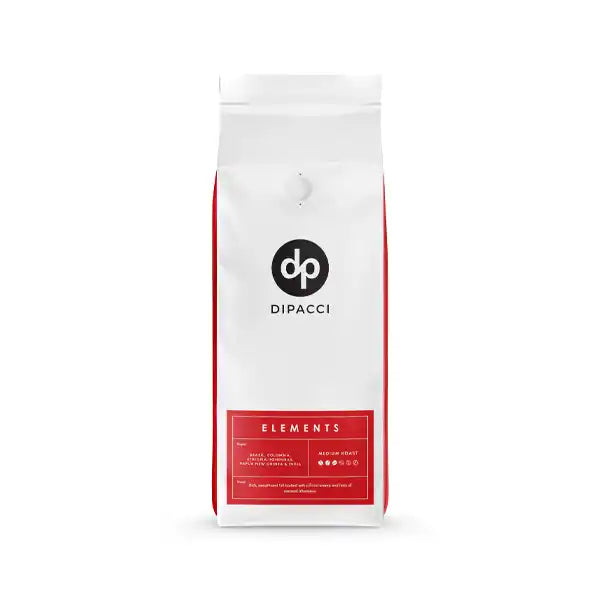 White coffee bag with red accent panel and ’Dipacci Elements’ branding.